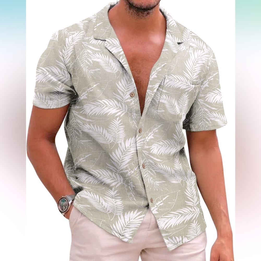 NWOT COOFANDY Hawaiian Floral Cotton Linen Button Down Beachy Shirt, Medium